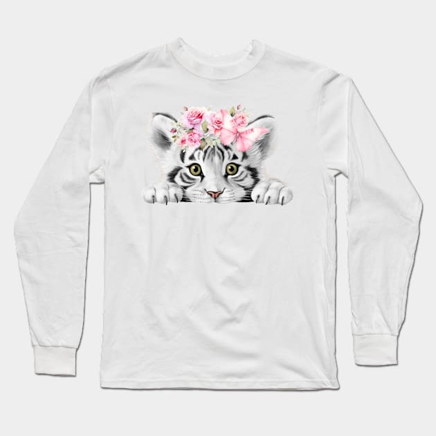 Cute Baby Tiger With Pink Flowers And Butterfly Long Sleeve T-Shirt by Alienated